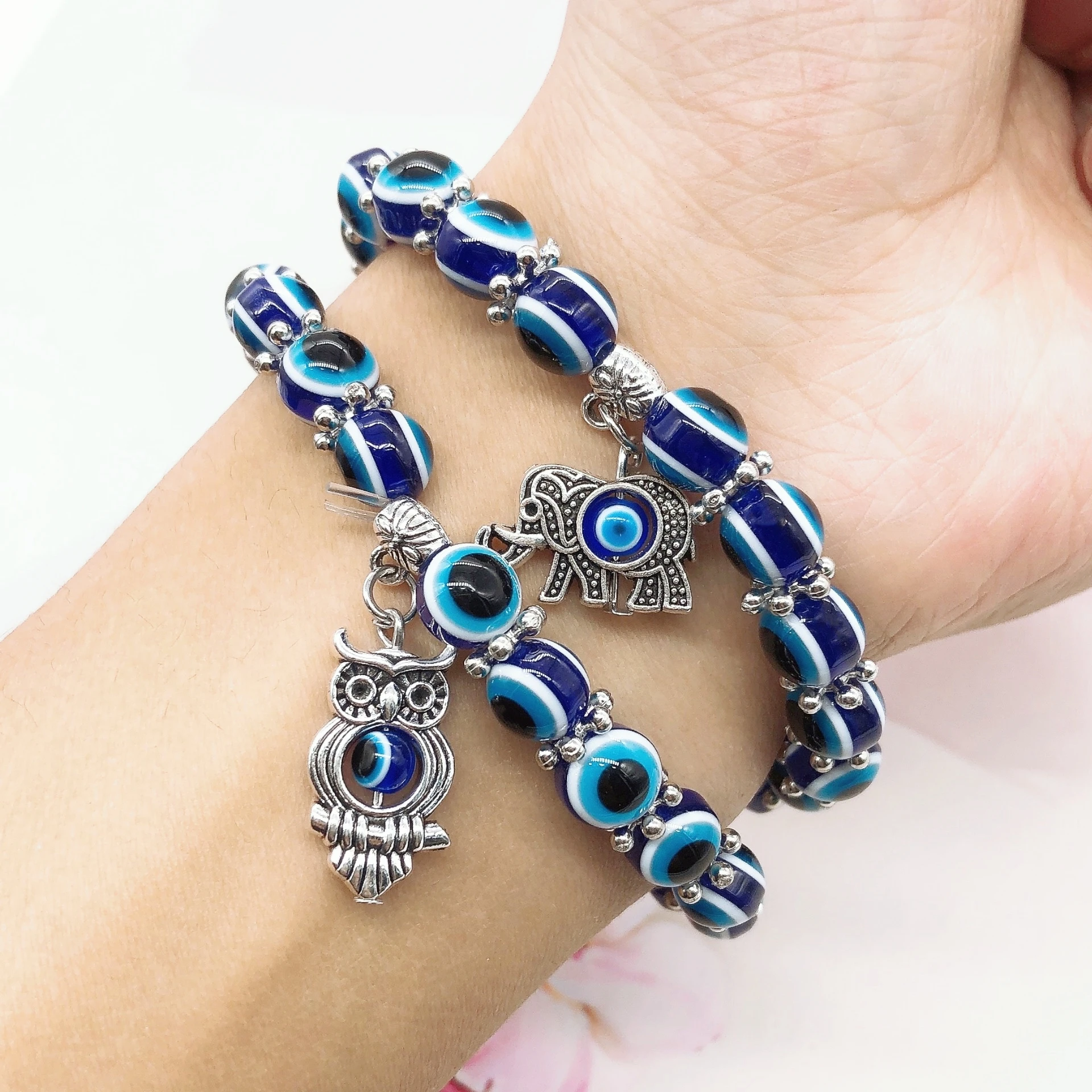 Lucky Turkish Evil Eye Natural Crystal stone Bracelets for Blue Evil Eye Butterfly Owl Beads Bangles Fatima Palm Amulet Jewelry