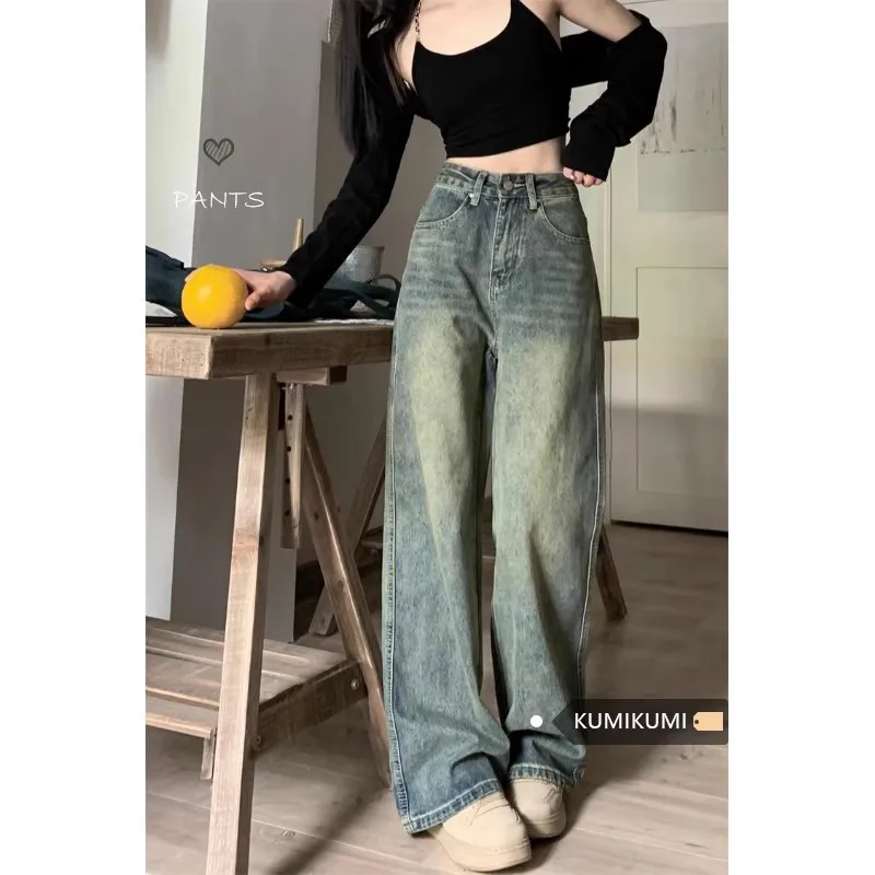 WCFCX STUDIO American Style Retro High Street Wide Leg Jeans Women High Waist Loose Full Length Denim Pants Fashion