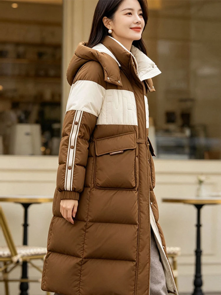 Winter Long Hooded Color Blocking Down Jacket Women White Duck Down Big Pocket Outwear Female Warm Thick Knee Length Down Jacket