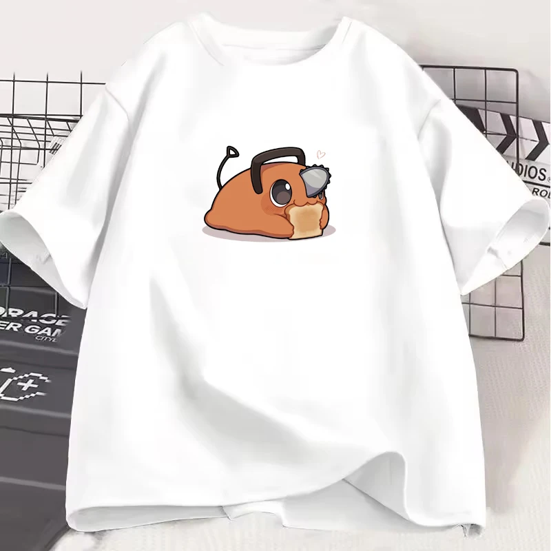Hot Japanese Anime Pochita Eating Toast Pattern Unisex T-shirt Loose Casual Hip-hop Men Women Tee Trendy Urban Streetwear Shirts