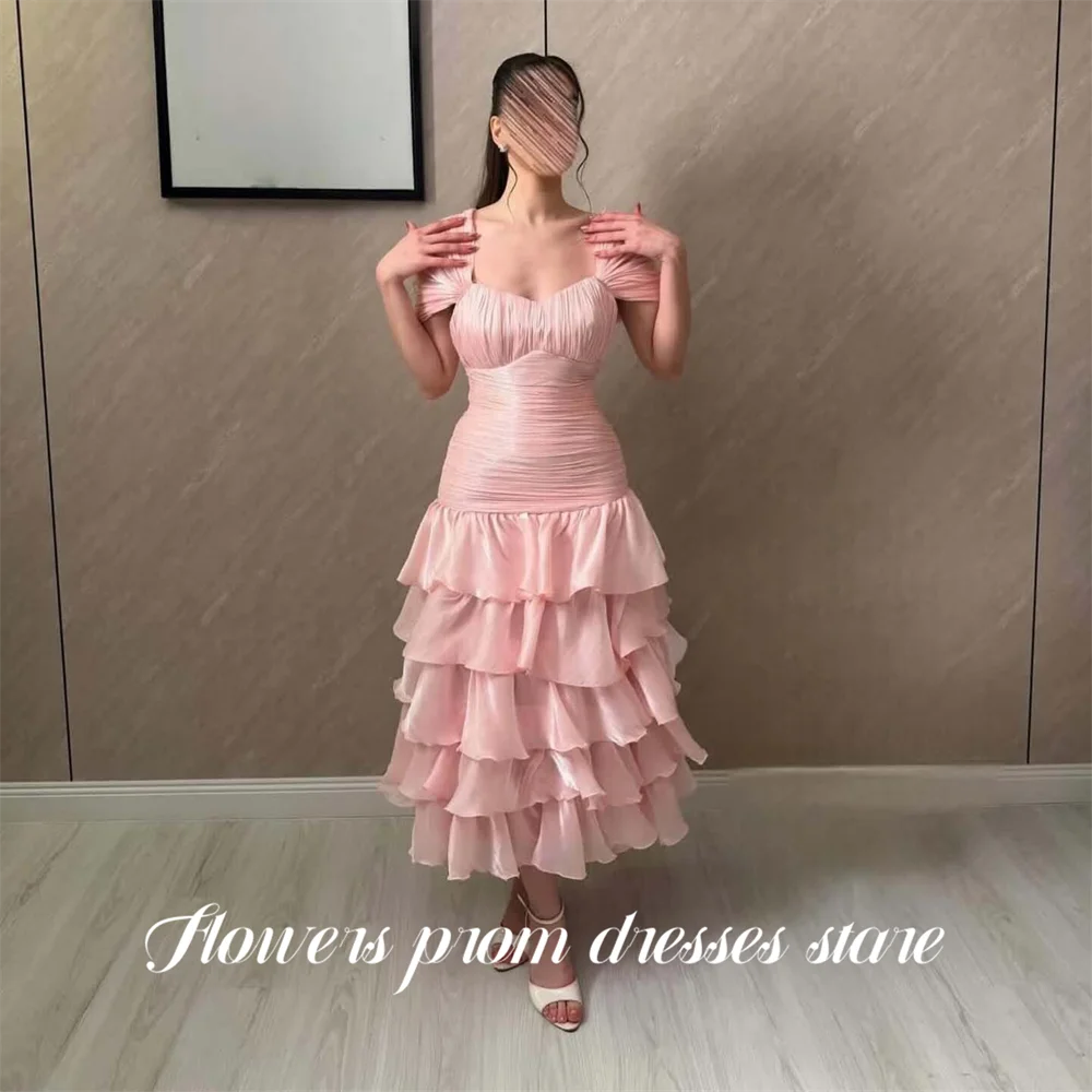 

Flowers Pink Evening Gown Off the Shoulder Prom Dresses Multilayered Chiffon Wedding Evening Dress robes de soirée Customized