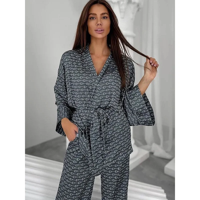 Linad Print Women's Home Clothes 2 Piece Sets Loose Three Quarter Sleeve Sleepwear Female Casual Trouser Suits Spring 2023