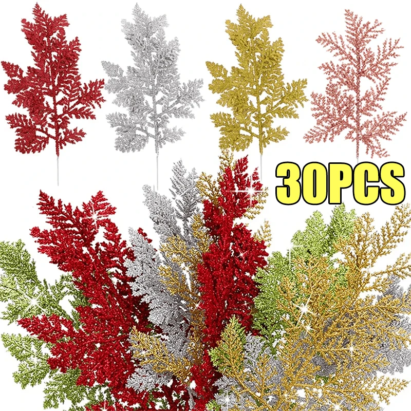 5/30Pcs Weihnachten Glitter Gold Silber Blätter Weihnachten Baum Dekoration Anhänger Künstliche Pflanzen Kiefer Zweige Hause Neue jahr Ornament