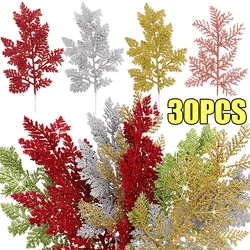 5/30Pcs Christmas Glitter Gold Silver Leaves Xmas Tree Decoration Pendant Artificial Plants Pine Branches Home New Year Ornament