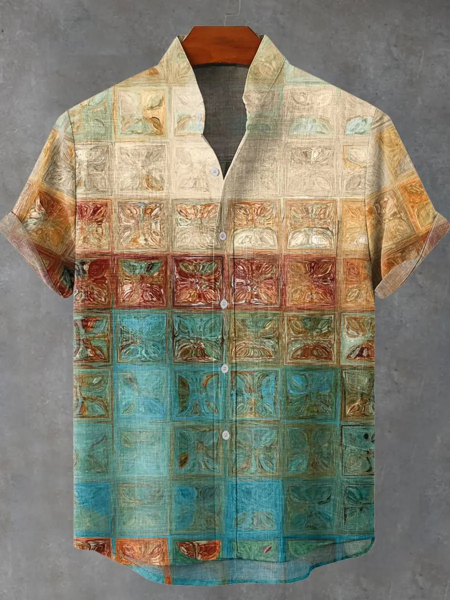 قميص رجالي كاجوال فضفاض مطبوع عصري جديد، قميص كتان عصري خفيف الوزن وجيد التهوية مناسب للسفر في الهواء الطلق