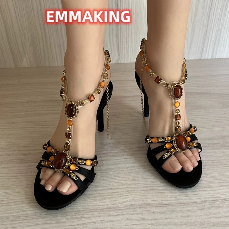 French Vintage Gemstone Chain High Heels Party Sexy T-Shape Strap Open Toe Stiletto Sandal Female Summer Design Rhinestone Shoes