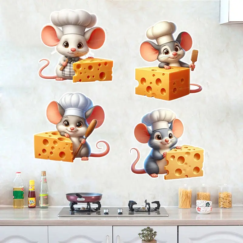 

Little Mouse with Giant Cheese Wall Stickers Kitchen Decoration Dining Room Living Room Cabinet Refrigerator Home Decal S492