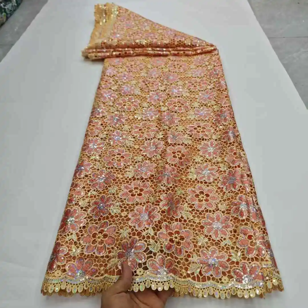 2025 Высокое качество, 5 ярдов, водорастворимая африканская кружевная ткань с блестками, шнур из гипюровой кружевной ткани, свадебные платья для свадьбы