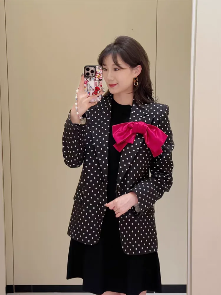Spring 2025 New Women's Plaid Print Suit Jacket  Knot Decoration Casual Versatile Long Sleeve Business Casual Top