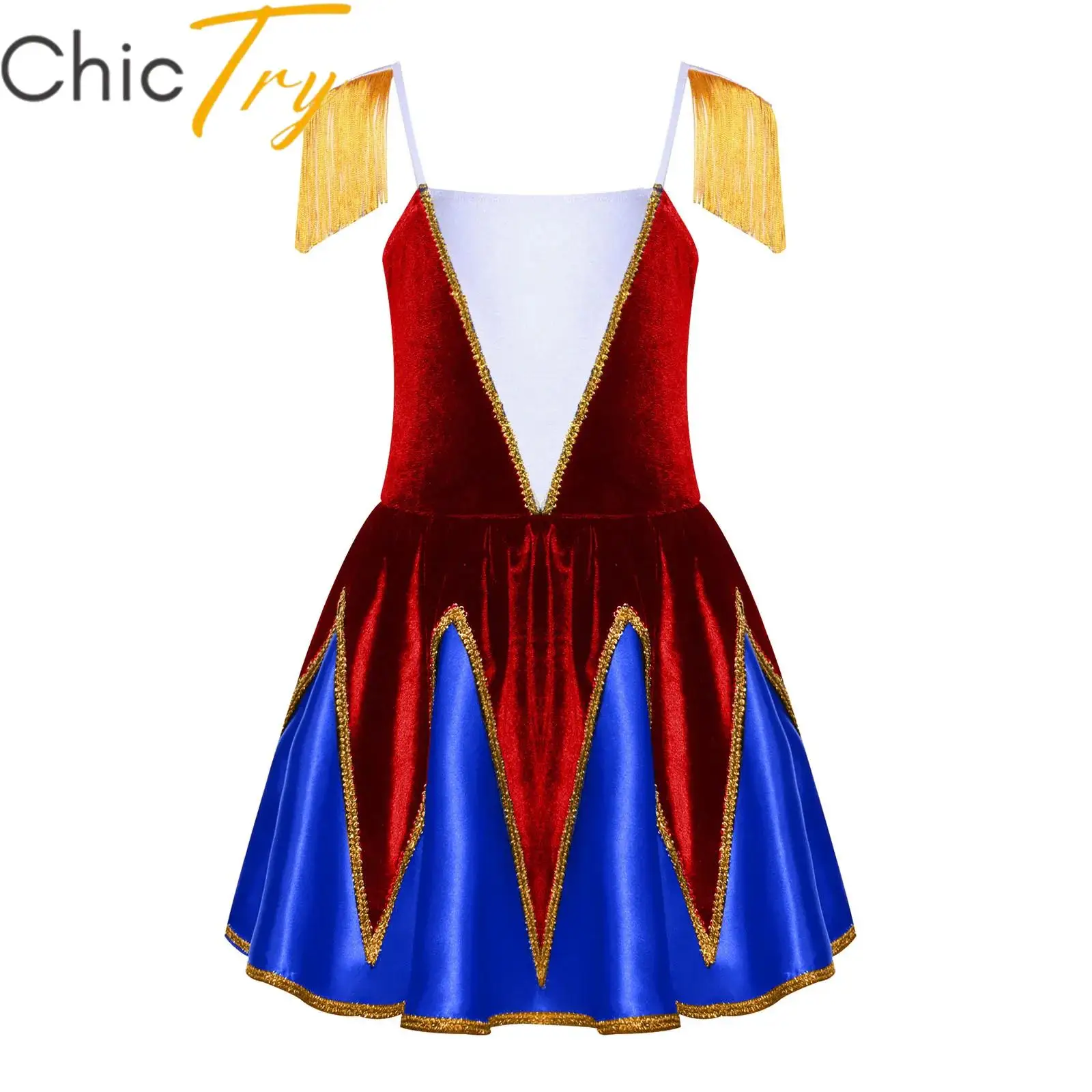 

Kids Girls Circus Honour Guard Costume Tassel Shoulder Boards Gold Trim Leotard Dress for Drum Band Chorus Halloween Carnival