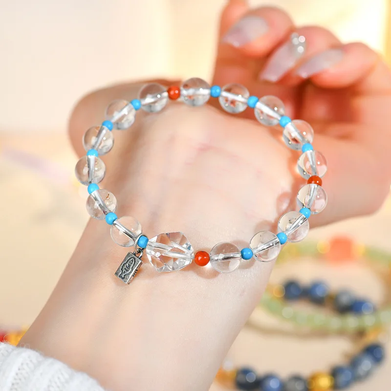 Natural White Crystal Bracelet S925 Sterling Silver Small Fish Pendant Good Lucky Women's Handstring Patron Saint Jewelry Gifts