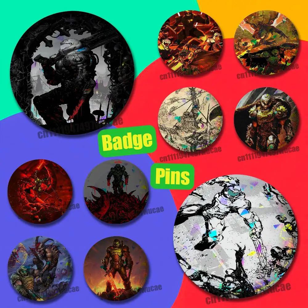 For Doomguy DOOM Slayer Badge Case Custom Pin Insignia Emblem Round Brooch Button Hats Laser Film
