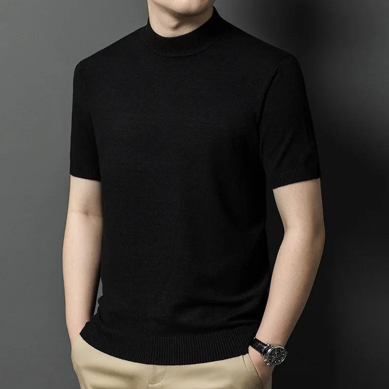 Suéter Masculino Novo MRMT 2026, Cor Pura, Gola Semi-Alta, Suéter de Tricô para Homens, Tops de Manga Curta