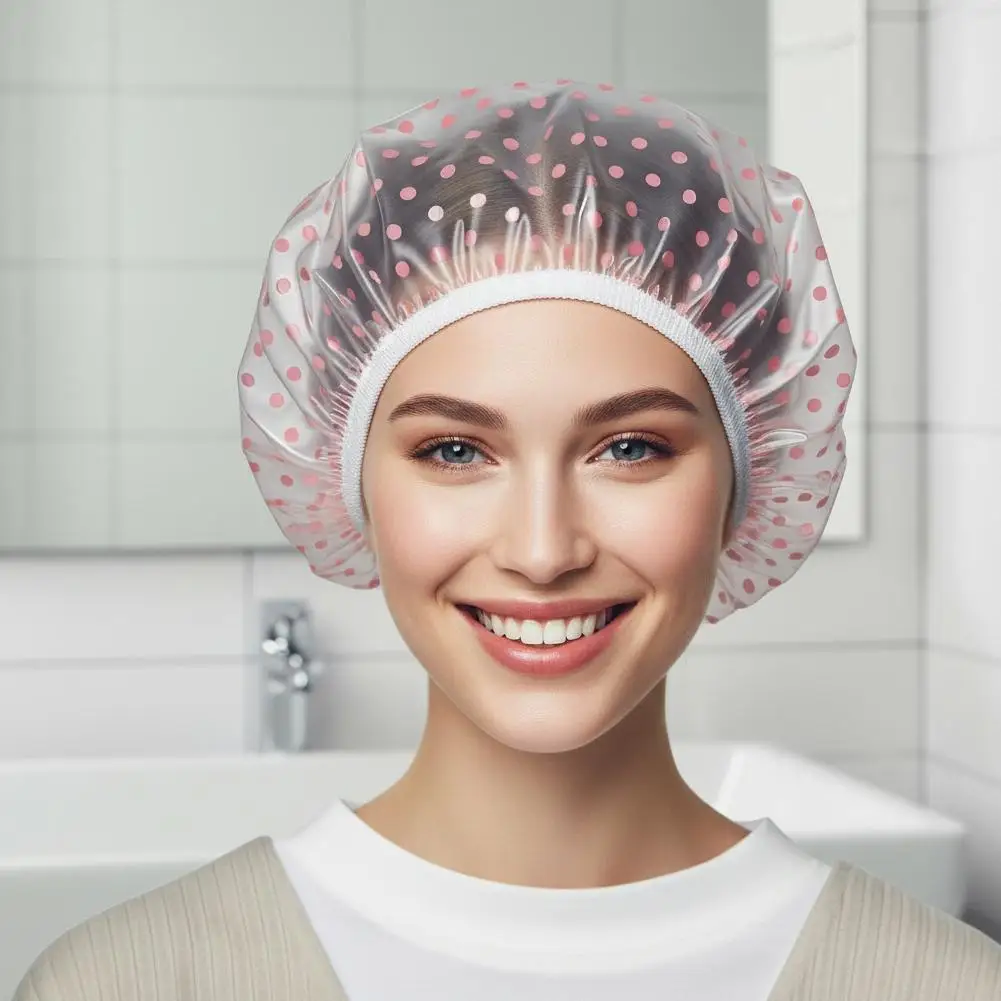 قبعة دش منقطة وردية مصنوعة من مادة البولي إيثيلين مقاومة للماء وشريط مرن ناعم وآمن مناسب للسفر وخفيفة الوزن وقابلة للطي لحماية الشعر #5