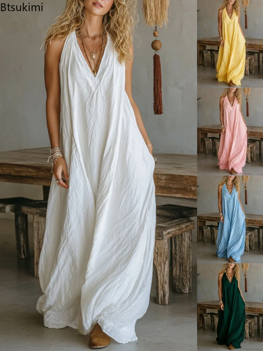 

Simple Solid Color V-neck Summer Rompers Casual Sleeveless Hollow Holiday Jumpsuit 2026 Fashion High Street Wide Leg Playsuits