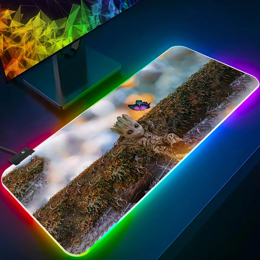 Baby Groots alas Mouse Keyboard Gamer Pc RGB, alas Mouse Pad bercahaya LED, bantalan Mouse game karet komputer