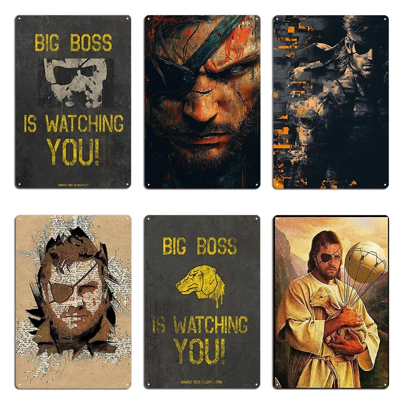 Letrero de metal personalizado estilo arte vintage de Venom Snake, también conocido como Big Boss, con diseño de retrato y la frase 'Estás siendo observado', para cine y hogar.