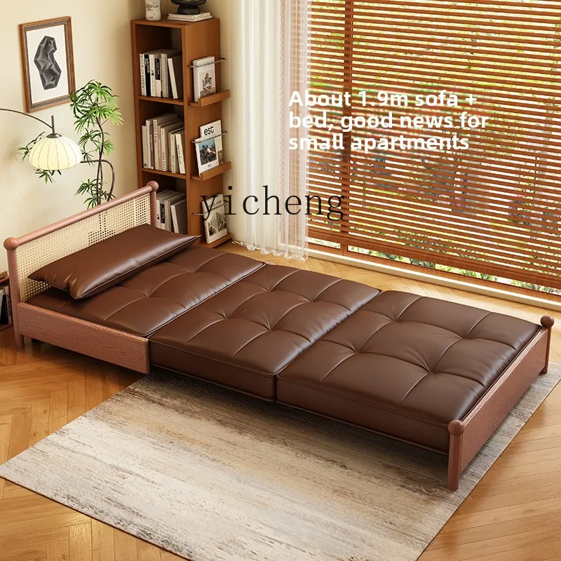 XL folding solid wood sofa bed leather household multi-functional folding dual-purpose single