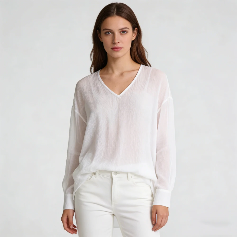 2026 Women's Spring/Summer Clothing 100% Natural Mulberry Silk Bubble Crepe Micro Transparent V-neck Long Sleeve Loose T-shirt
