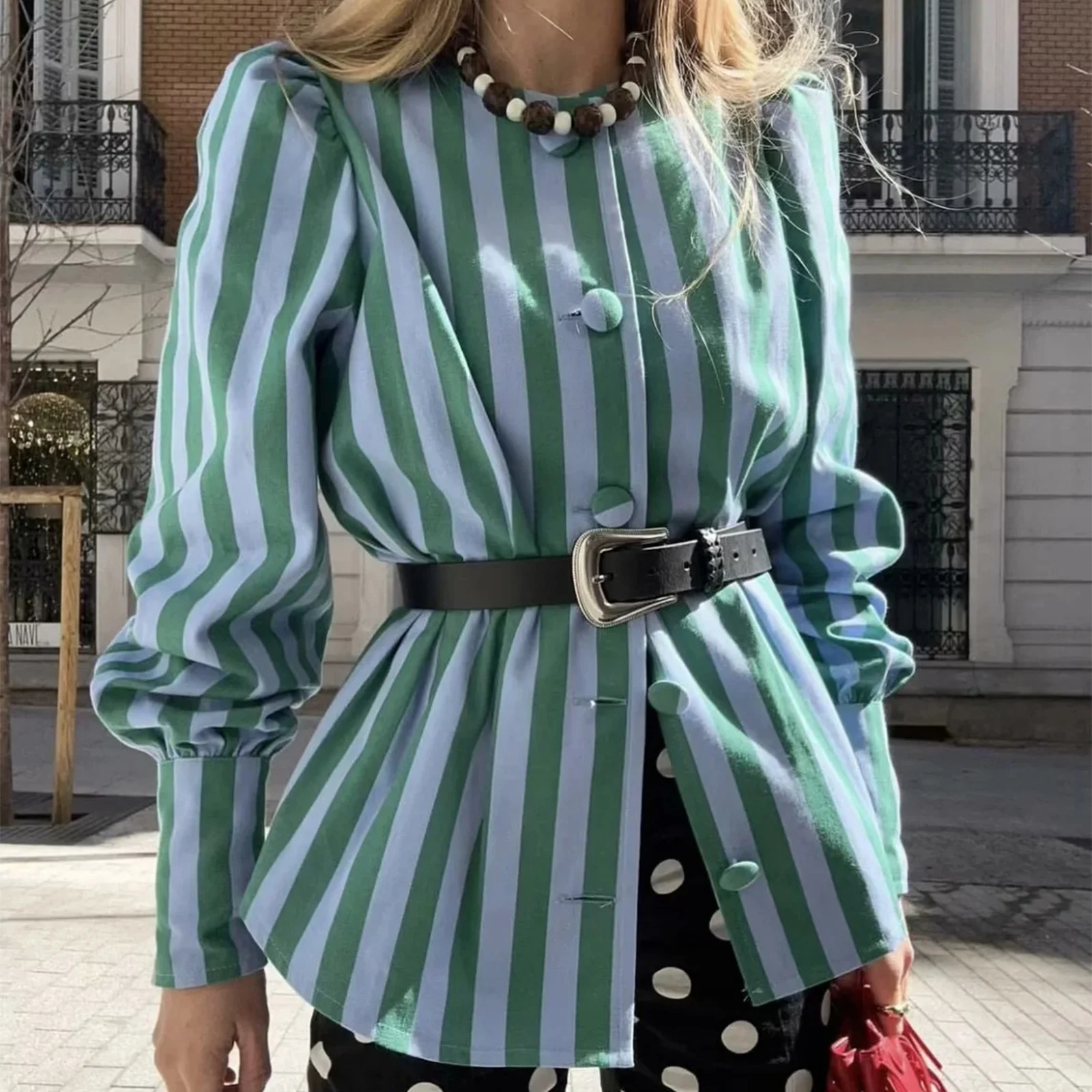 

Fashionable casual all-match single-breasted women's clothing contrast color long-sleeved striped stitching button ladies shirt