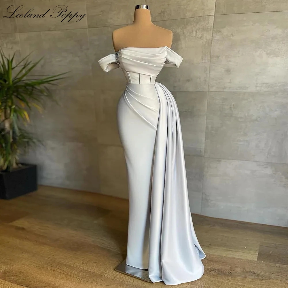 

Lceland Poppy Off the Shoulder Mermaid Satin Wedding Dresses Floor Length Pleated Bridal Gowns with Detachable Train