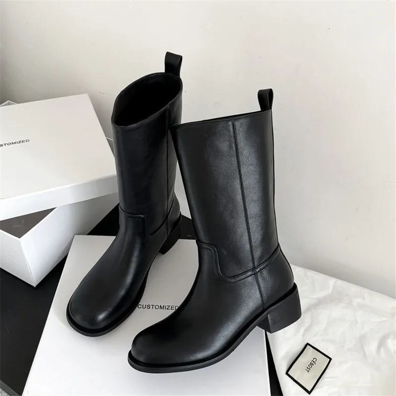 

New Autumn Winter Split Leather Women Boot Shoes for Women Round Toe Mid-calf Boots Fashion Boots Handmade Zapatos De Mujer