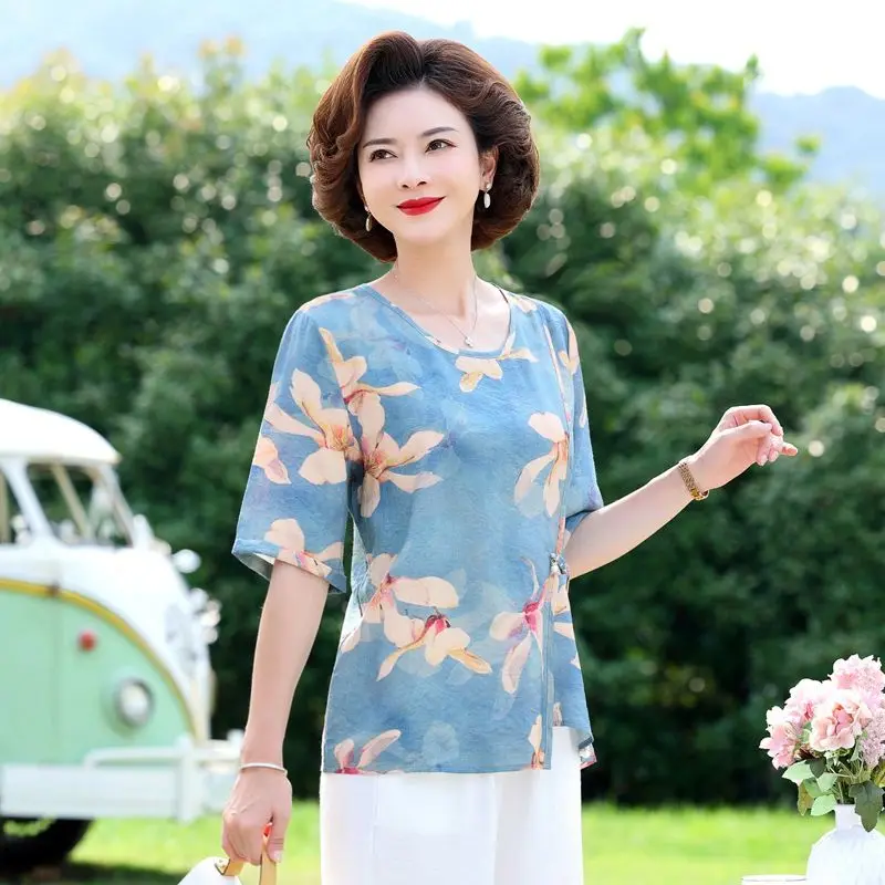 

T-shirt for Middle Aged and Elderly Women Summer Thin Fashion Round Neck Printed Casual Loose