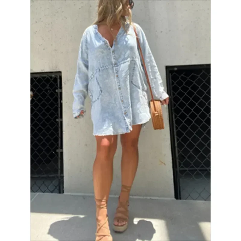 Women Dresses Single Breasted Dress Turn Down Collar Denim Dress Loose Solid Knee Length Sexy Spliced Basics Button 2024