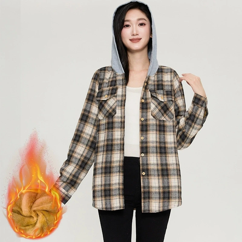 

Autumn Winter Oversized Plaid Shirt for Women Vintage Long Sleeve Hooded with Pocket Blouse Loose Fleece Thermal Shirts Coat
