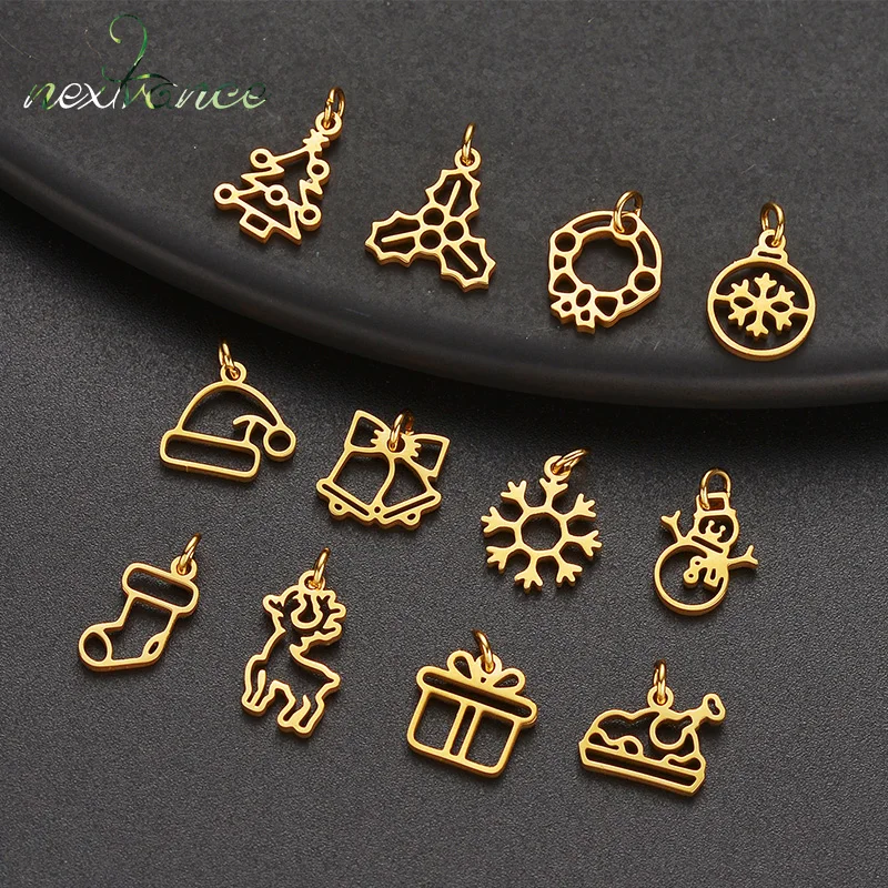 5Pcs/Lot Stainless Steel Christmas Charms Garland Bell Elk Snowflake Christmas Tree DIY Bracelet Necklace Jewelry New Year Gifts