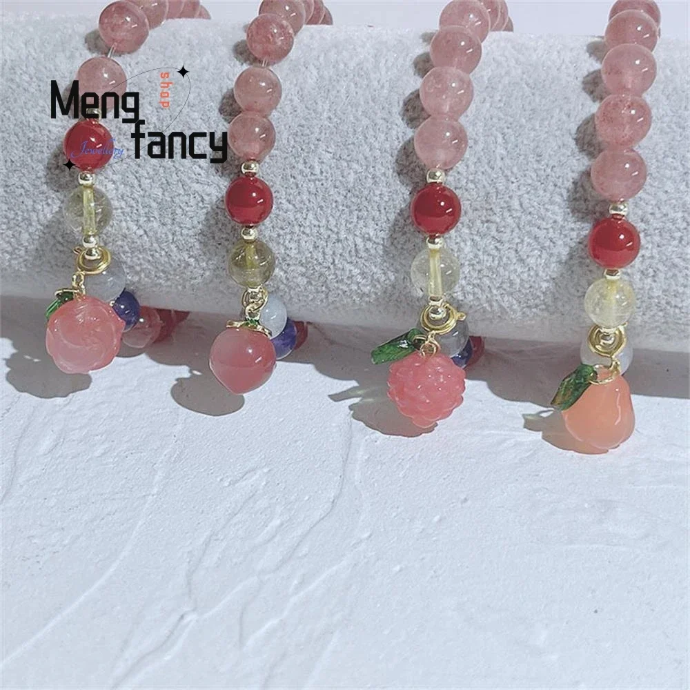 

Natural Strawberry Crystal Bracelet Simple Five Elements Stone String Salt Source Agate Pendant Exquisite Couple Fashion Jewelry