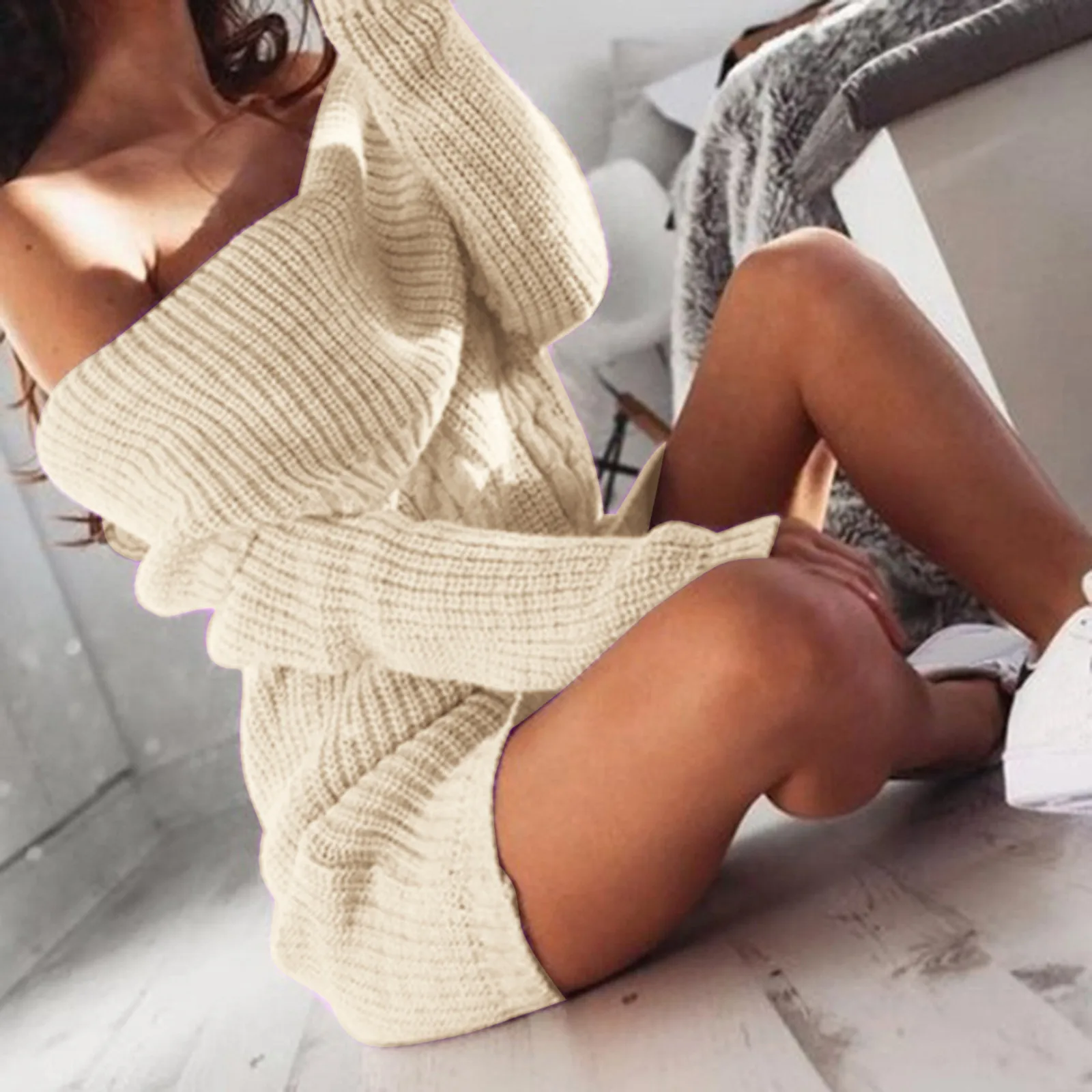 Women\'S Autumn And Winter Fashion One Shoulder Knitted Sweater Dress Casual Solid Color Loose Long Sleeve Warm Mid Length Dress