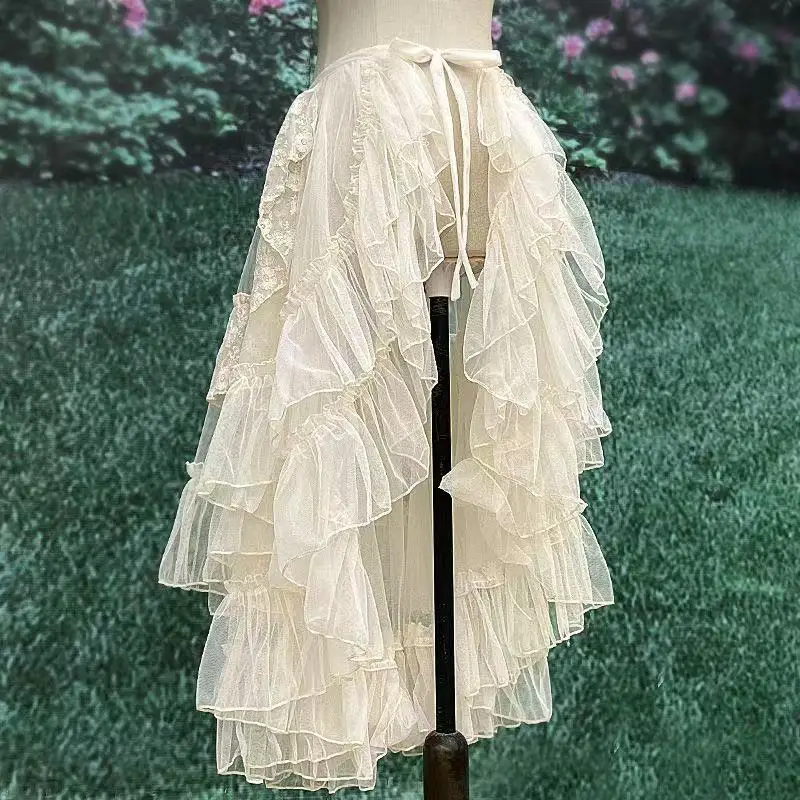 Gótico lolita renda malha babados fada princesa festa saia feminina assimétrica bonito cortina pura cobrir saias longas finas branco