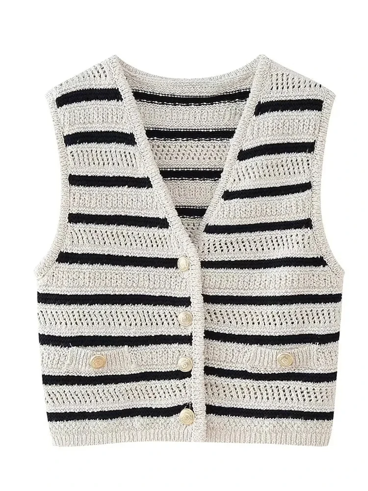 KAOPU ZA Women striped knit  cropped vest top vintage v-neck sleeveless button-up female waistcoat chic tops