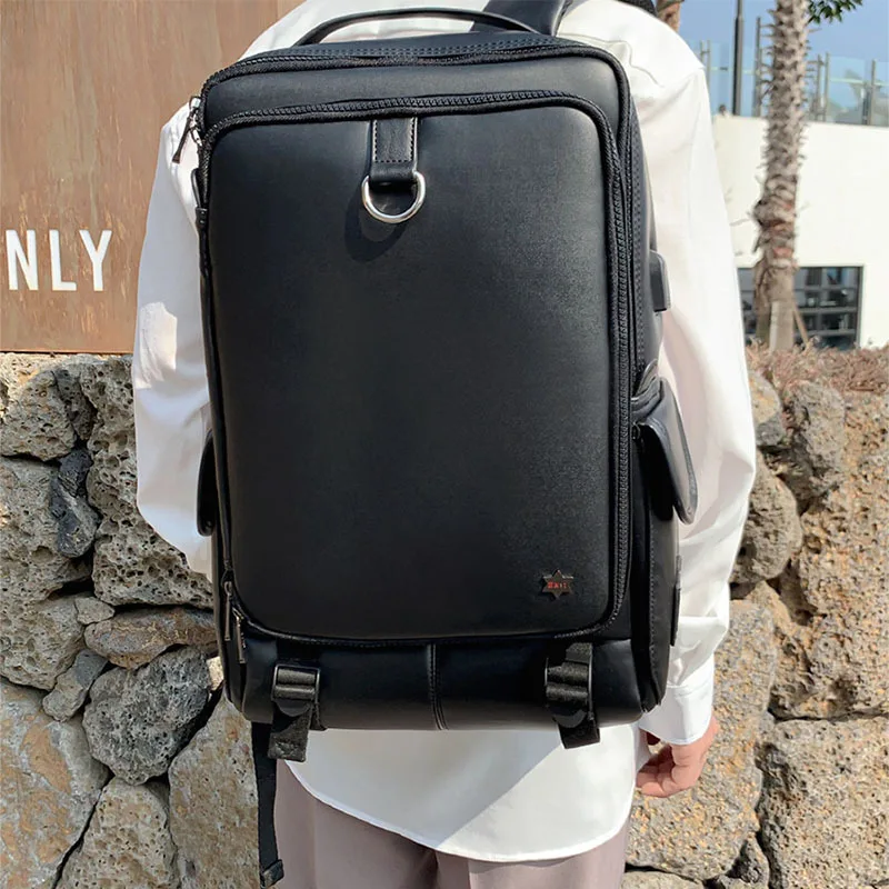 2023 new PU leather waterproof backpack large capacity with 17 inch computer USB interface backpack large capacity travel bag