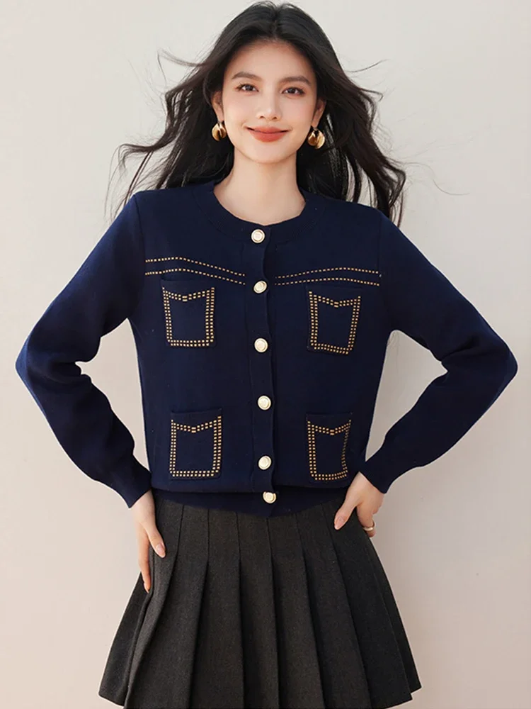 Autumn Winter Vintage Blue Knitted Multi Pockets Cardigans Jacket Women Slim Button Up O Neck Single Breasted Sweater Tops