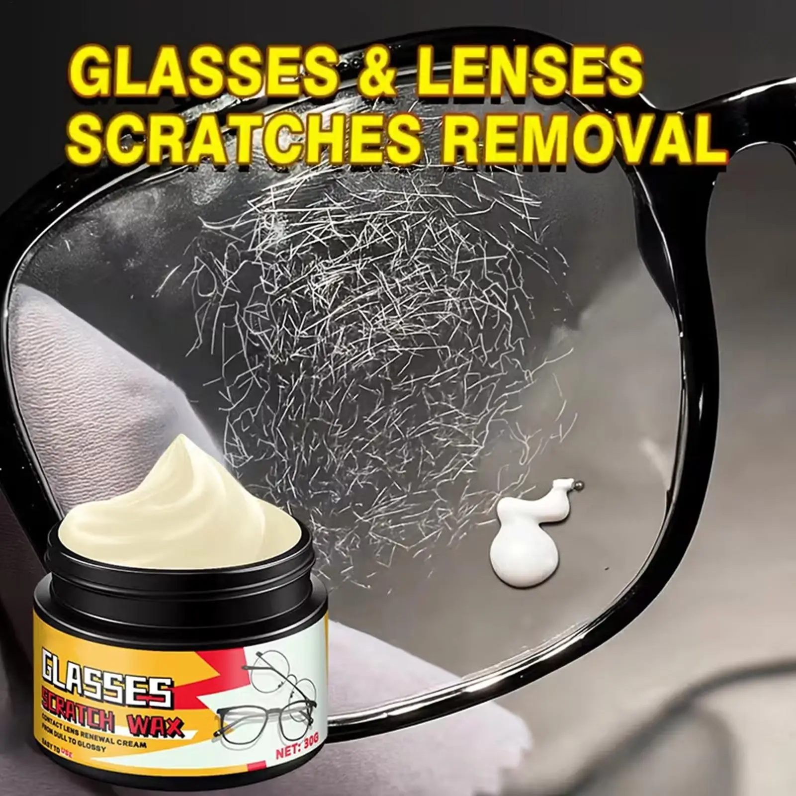 Removedor de Arranhões para Lentes 30g, Limpador de Longa Duração com Esponja, Removedor de Arranhões para Óculos, Limpeza de Vidros de Carro e Telas de Relógios