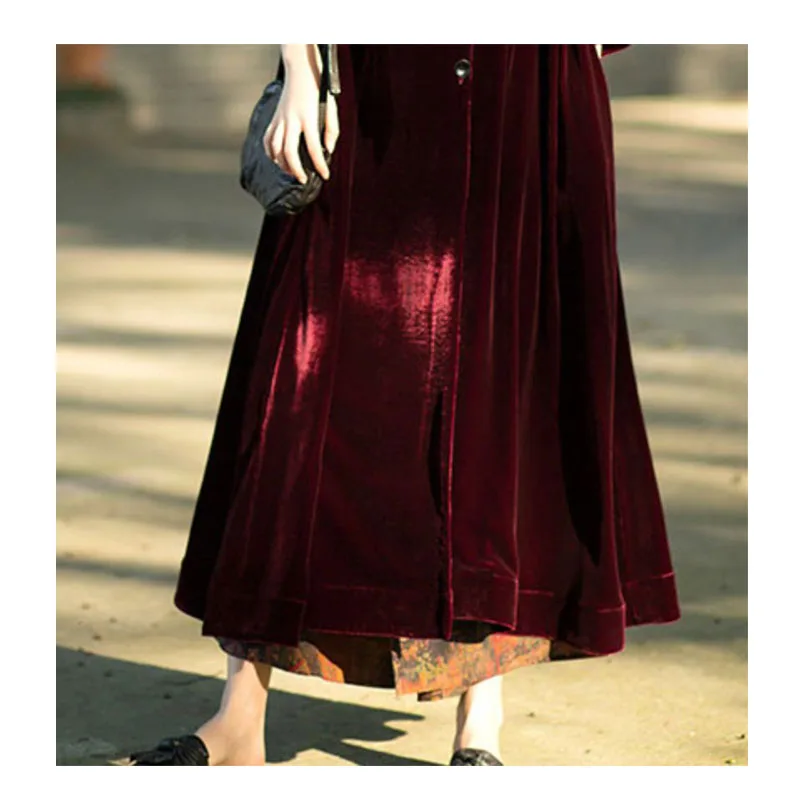 Original Design Real Silk Velvet Spring Autumn Lady Cardigan Dress Temperament Generous Personality Long Skirt Wine Red Noble