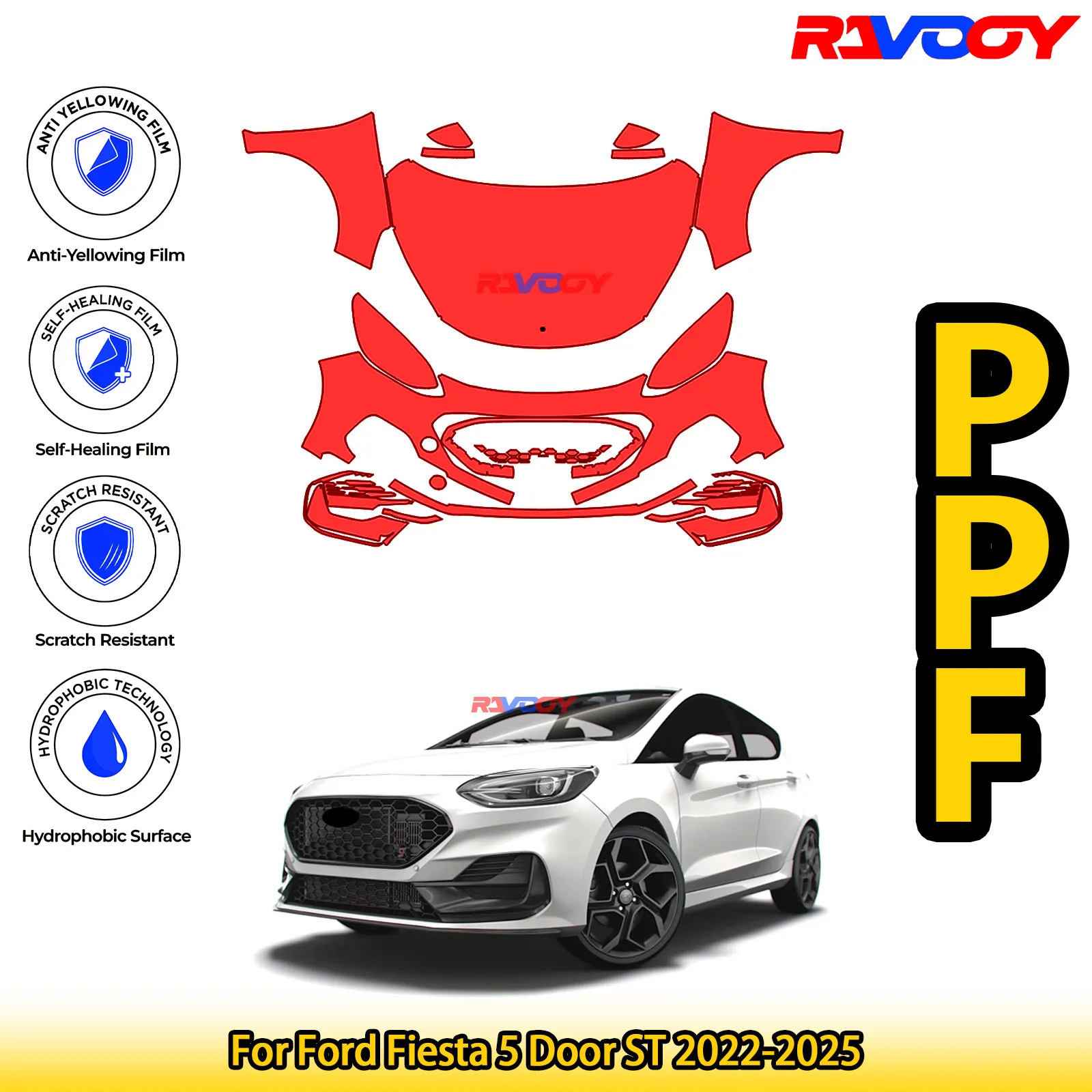 

For Ford Fiesta 5 Door ST 2022-2025 Glossy Matte Black Precut front PPF Kit Paint Protection Film