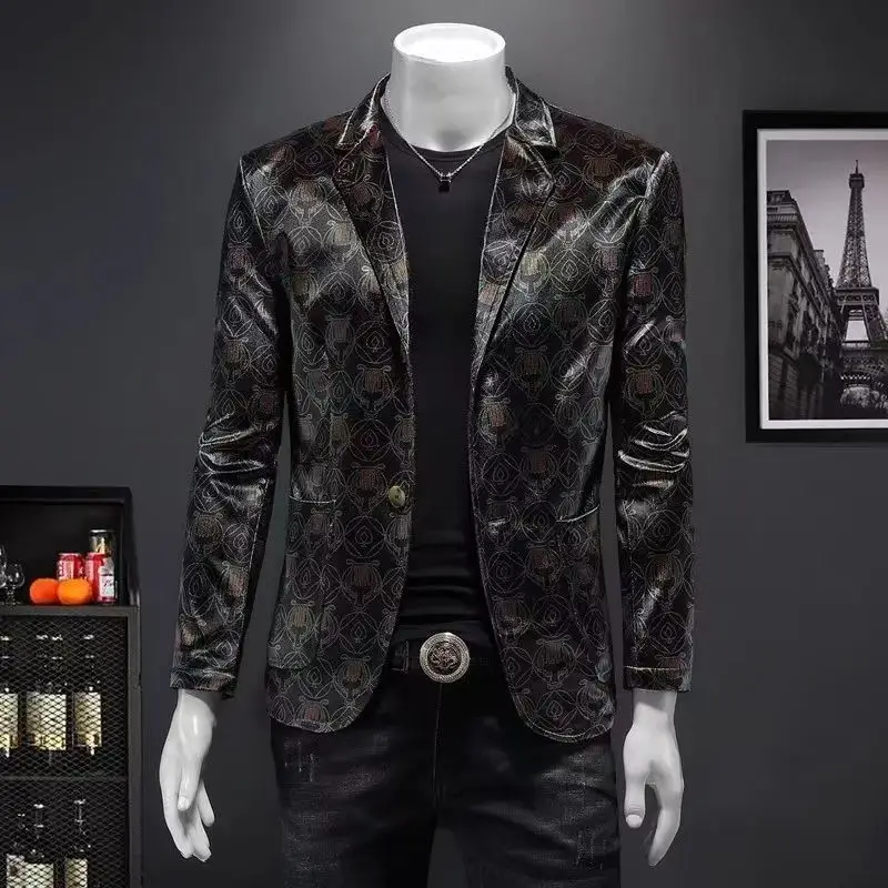 

Casual Printed Slim Fit Men's Suit Jaet Autumn Faion Trend Youth Sle Single Button Closure Flat Collar Casual Wear