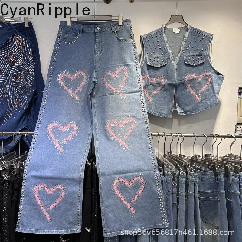Trendy Women Denim Sets 2026 New Spring Hot Diamonds Love V-neck Sleeveless Vests Coat + High Waist Wide Leg Straight Pants