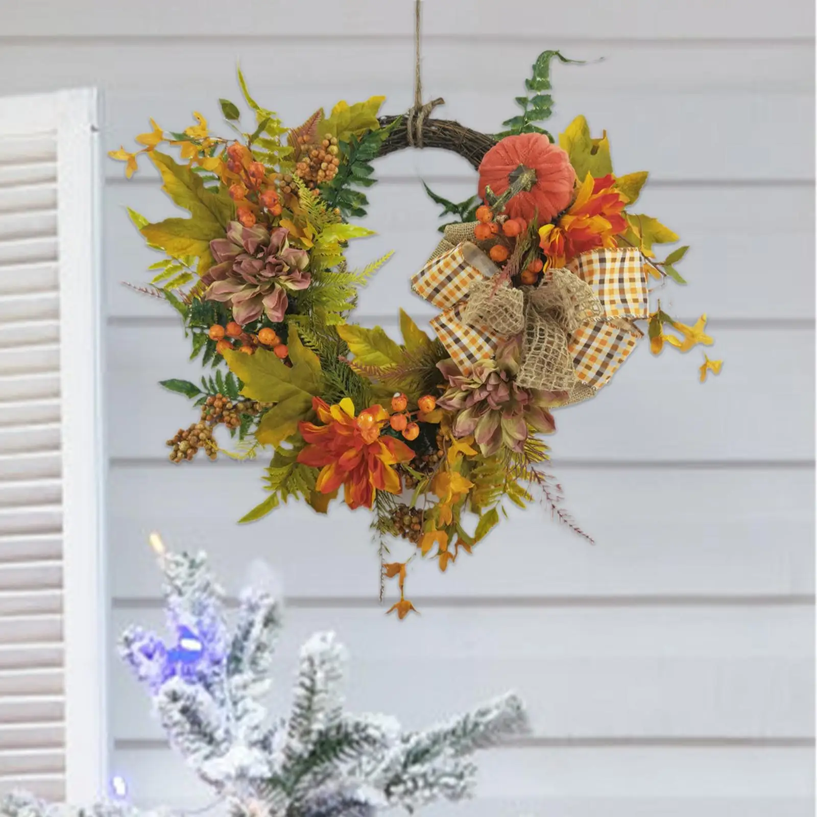 

Fall Wreath for Front Door Pumpkins Berries Artificial Porch Autumn Wreath for Thanksgiving Indoor Outdoor Halloween Home Decor