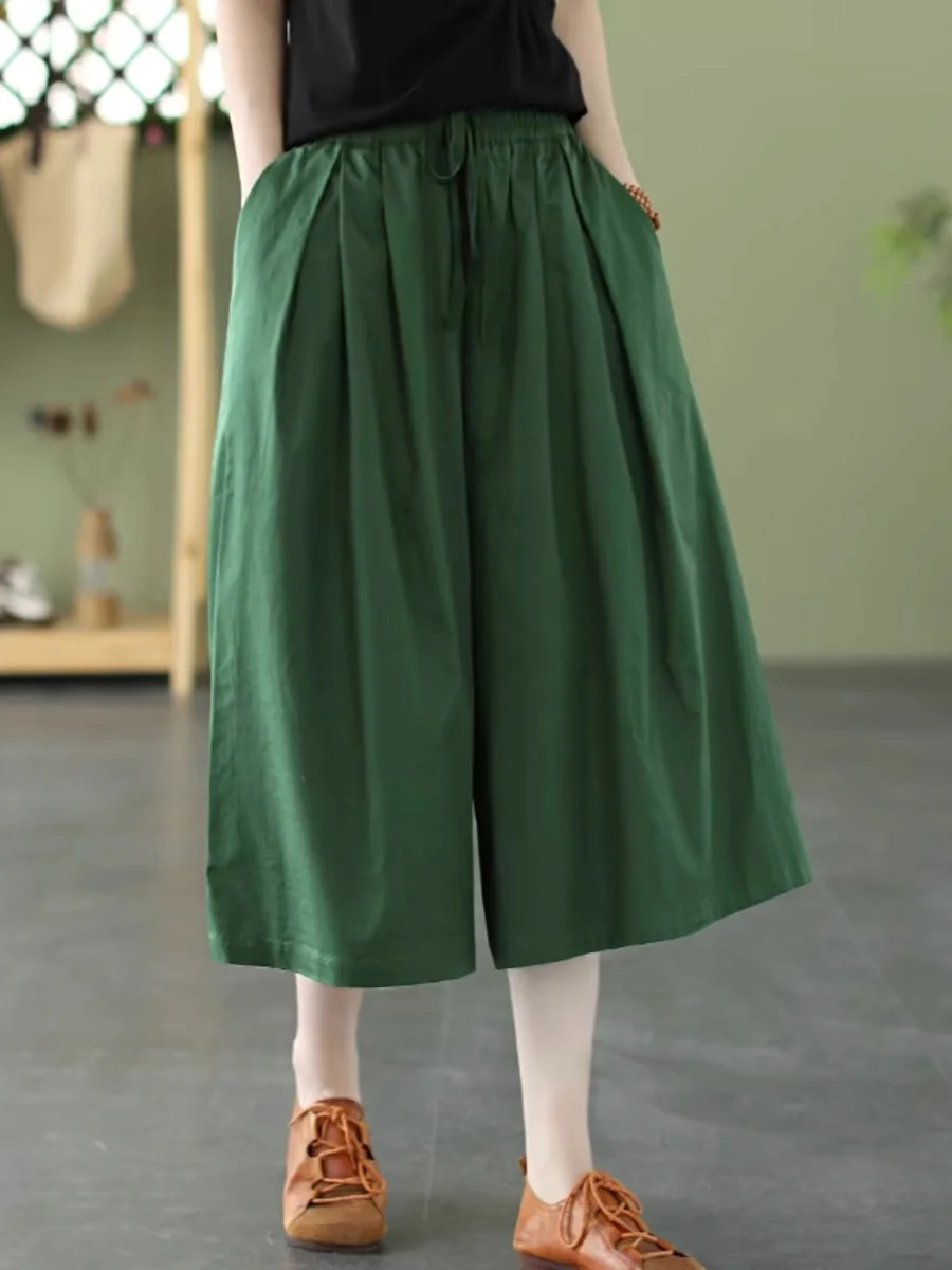 Loose Wide Leg Seven-Foot Pants Women's Casual Cotton  Color Elastic Waist Thin Summer Skirt Pants Artistic Vintage Larg...