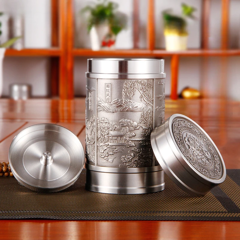 Tin Tea Storage Tank Silver Metal Antique Imitation Chinese Style Sealed Packing Box With Lid  Gift Handmade Desktop Decoration