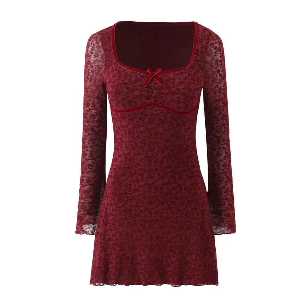 Sexy Wine red Flocking Flower Mesh Flare Sleeve Dress Woman Bow Square neck Package Hips A-line Mini Party Robe Bodycon