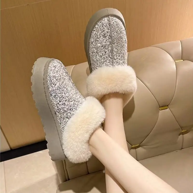 

Plus-size 2025 new women's thick-soled plush snow boots with sequin top European and American style women's ankle boots