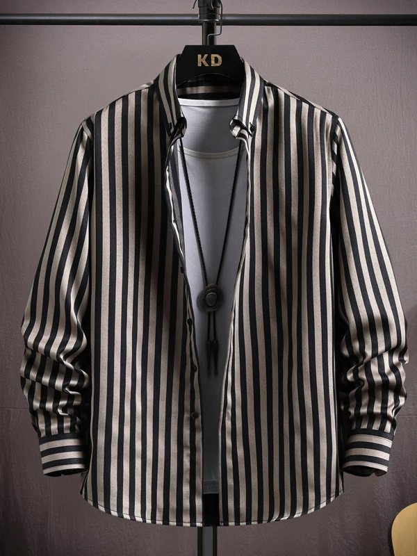 

Spring Autumn Men's Striped Shirt Casual Long Sleeve Thin Outerwear Fashionable Button Collar Classic Style Polyester Blend