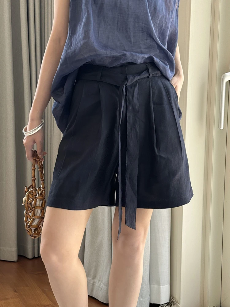 Fanan casual linho protetor solar shorts para mulheres cinto sólido reunido cintura reta roupas soltas moda feminina 2025 verão novo