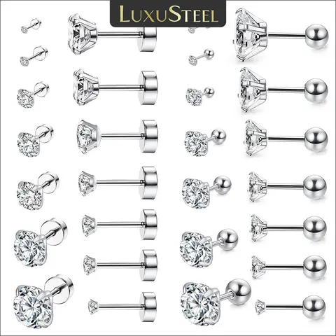 LUXUSTEEL 스테인리스 스틸 라운드 큐빅 지르코니아 이어 피어싱, CZ 샤이니 2023 실버 컬러 스터드 귀걸이, 바디 쥬얼리