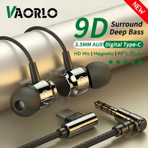 디지털 칩 유선 이어폰 3.5mm AUX/Type C 9D HIFI 중저음 이어폰 게임 헤드셋, Samsung Huawei Xiaomi OPPO iPad PC MP3